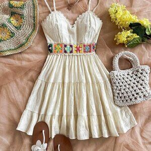 Apricot Boho Women's V-Neck Sleeveless Floral Lace Patchwork Color Block Dress